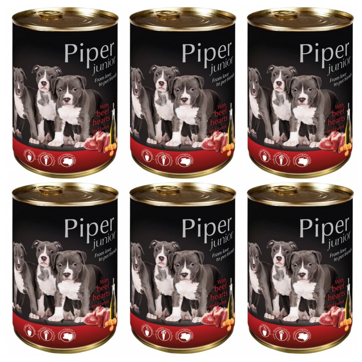 PIPER DOG Junior, cu Inima de Vita si Morcovi, Set Conserve Hrana Umeda Pentru Catei Juniori, 6x400g