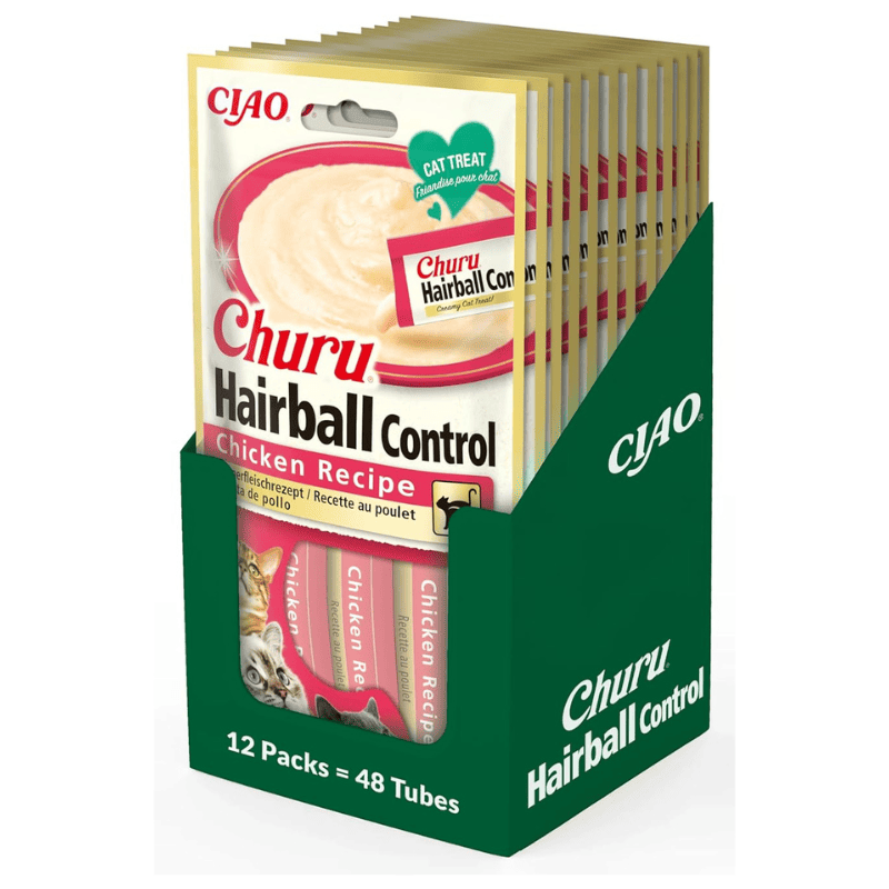 INABA Ciao Churu Hairball Control Chicken Recipe Box 12x(4x14 g) | Recompensa Functionala Cremoasa pentru Pisici | cu Pui | Formula pentru Reducerea si Eliminarea Ghemelor de Blana