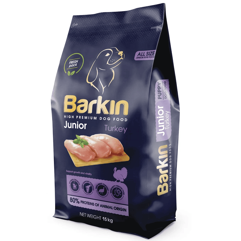 BARKIN Junior All Size cu Curcan 15 kg | Hrana Uscata Premium pentru Catei si Caini Juniori | Crestere Armonioasa si Suport Articular