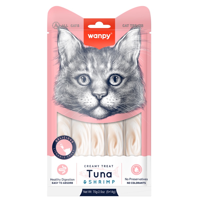 WANPY Creamy Lickable Cat Treats cu Ton si Creveti, plicuri 5x14 g – Recompensa Cremoasa Superpremium pentru Pisici, Naturala si Usor Digerabila
