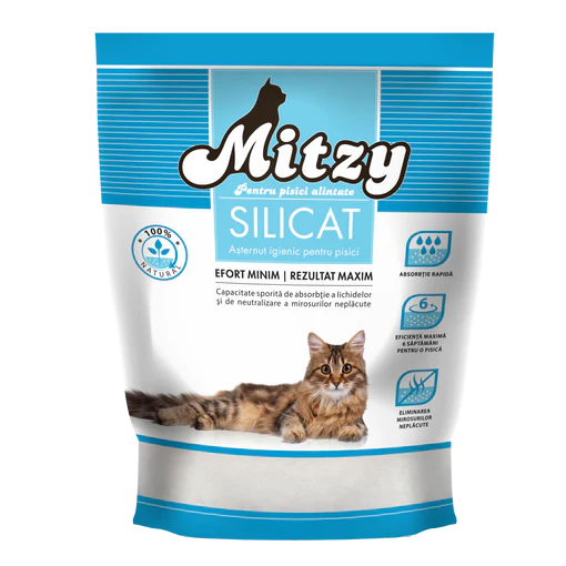 MITZY 3.8 L | Nisip Silicat Alb pentru Litieră, Control Eficient al Mirosurilor și Durată Mare de Utilizare