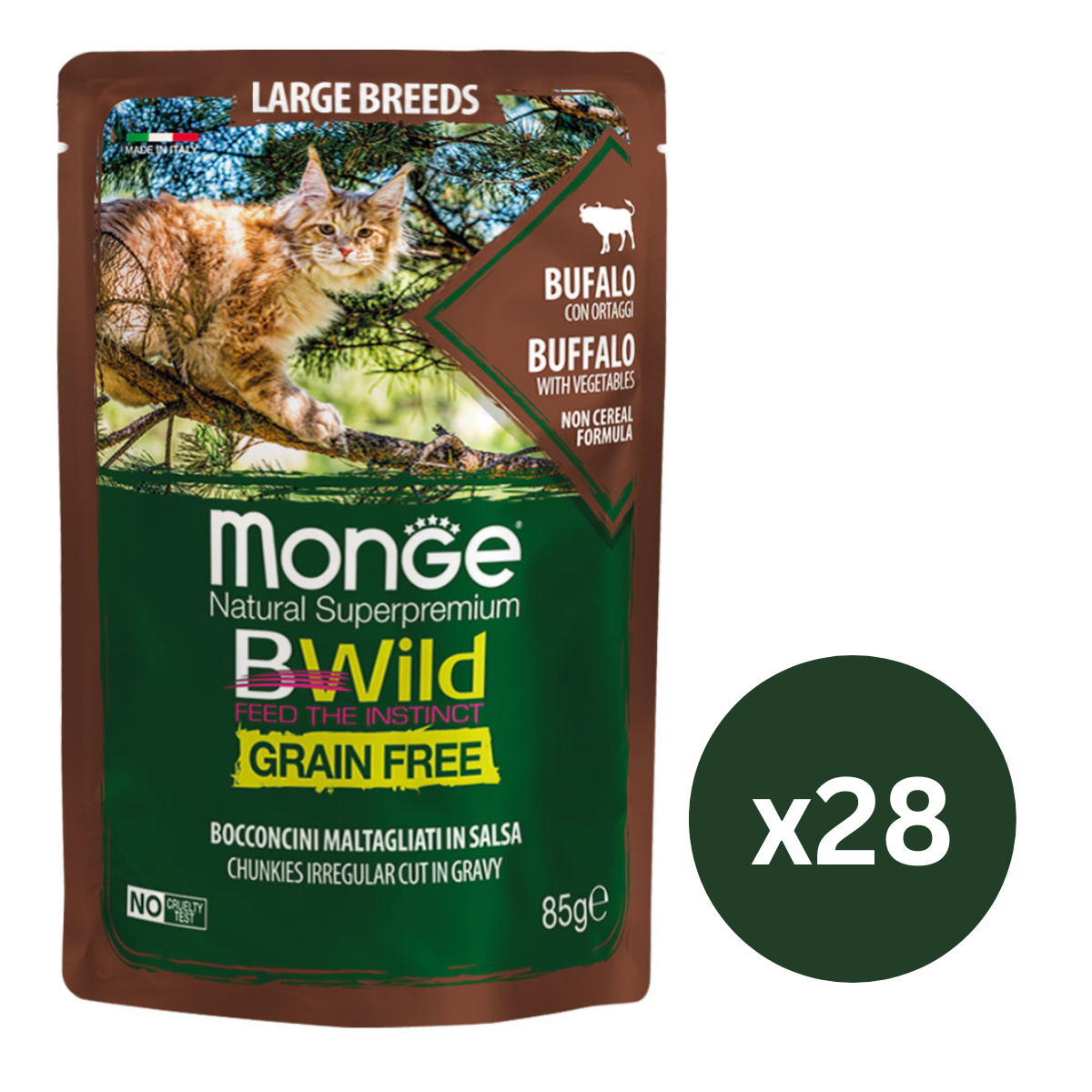 MONGE Natural BWild Adult Cat, cu Bivol, Set Plicuri Hrana Umeda, Fara Cereale, Pentru Pisici (bucati carne in sos), 28x85g