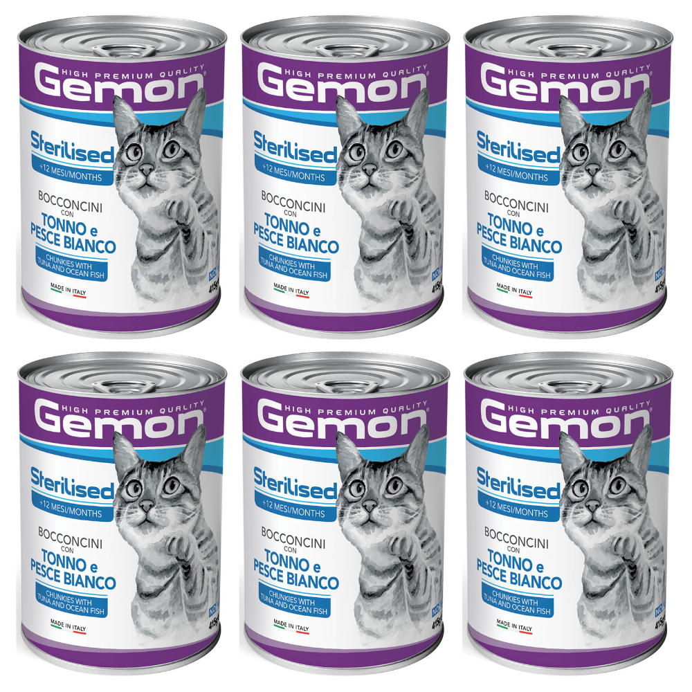 GEMON Cat Sterelised cu Ton si Peste Oceanic – Set Conserve Hrană Umedă pentru Pisici Sterilizate (bucatele in sos), 6x415g