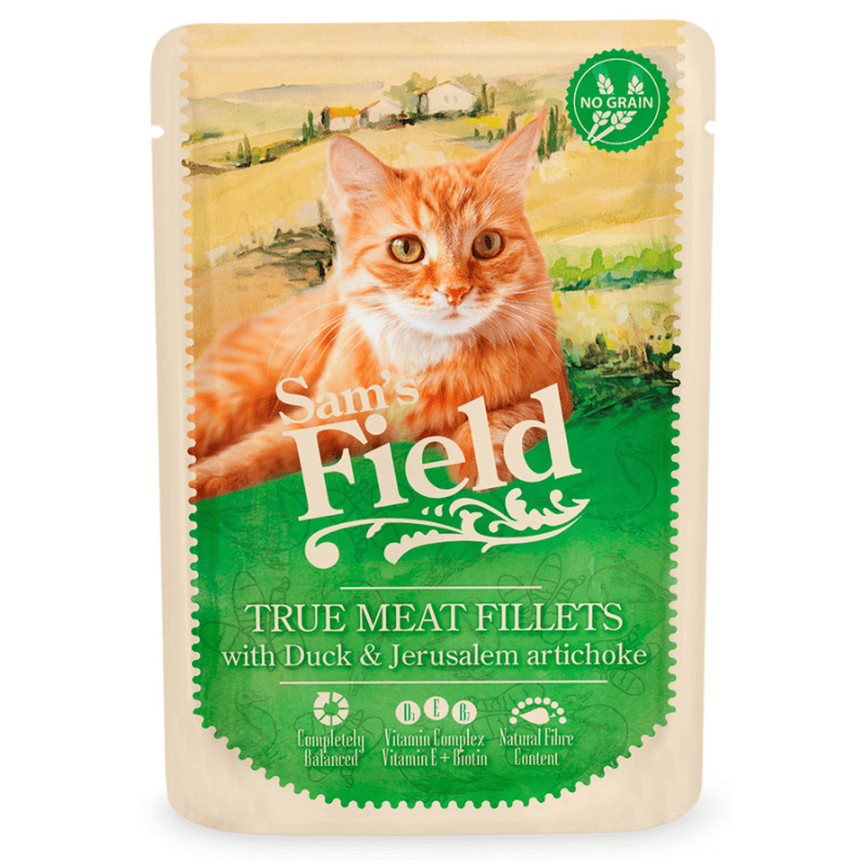 SAM'S FIELD Cat Pouch Duck & Jerusalem Artichoke 85 g | Hrana Umeda Superpremium pentru Pisici Adulte | Fileuri de Rata si Anghinare de Ierusalim | Reteta Naturala pentru Digestie Sanatoasa si Vitalitate