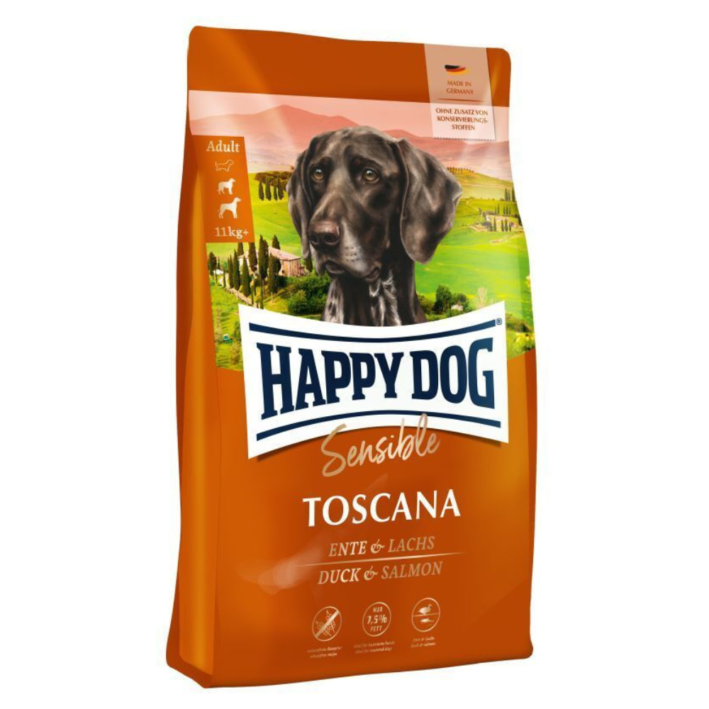 HAPPY DOG Sensible Toscana, cu Rata si Somon – Hrană Uscată Fără Gluten, cu Conținut Redus de Grăsimi, pentru Câini Adulti Supraponderali | Sterilizati, 12.5kg