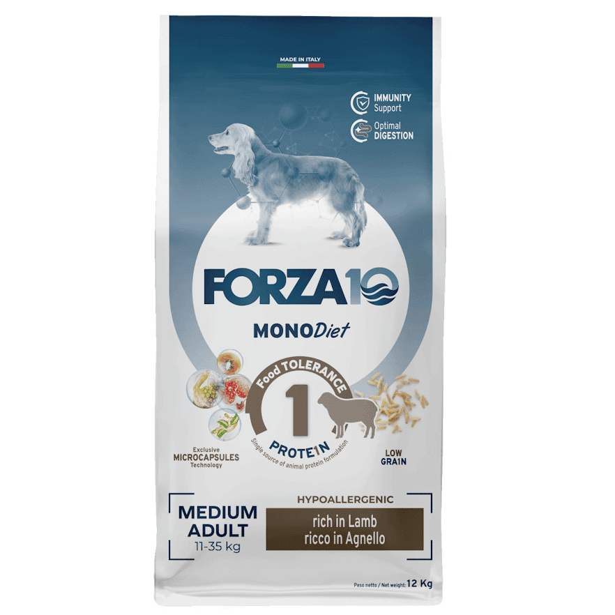 FORZA10 Mono Diet Hypoallergenic Medium Adult, cu Miel si Orez, 12 kg - Hrana Uscata Monoproteica Pentru Cainii Adulti de Talie Medie cu Sensibilitati Digestive si Cutanate