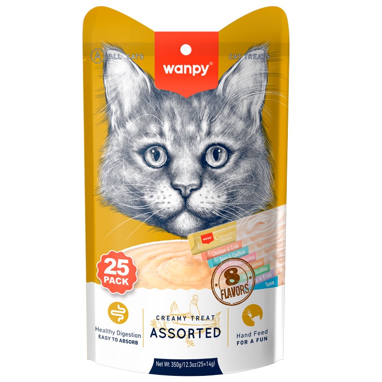 WANPY Creamy Lickable Cat Treats Assorted, cu Pui, Ton, Somon, Cod, Creveti, plicuri 25x14 g – Recompensa Cremoasa Superpremium pentru Pisici, Naturala si Usor Digerabila