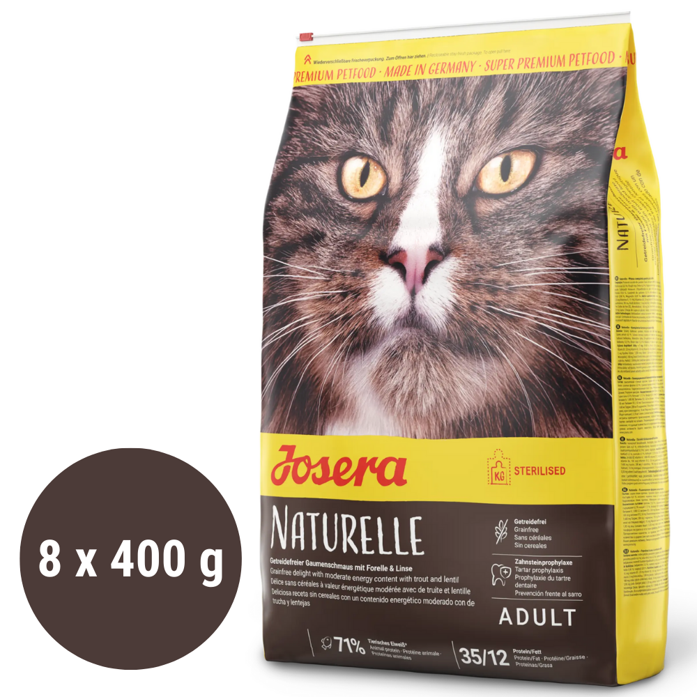 JOSERA Naturelle cu Somon si Linte, Set 8x400 g – Hrană Uscată Fara Cereale pentru Pisici Adulte, Susține Controlul Greutății și Sănătatea Urinară