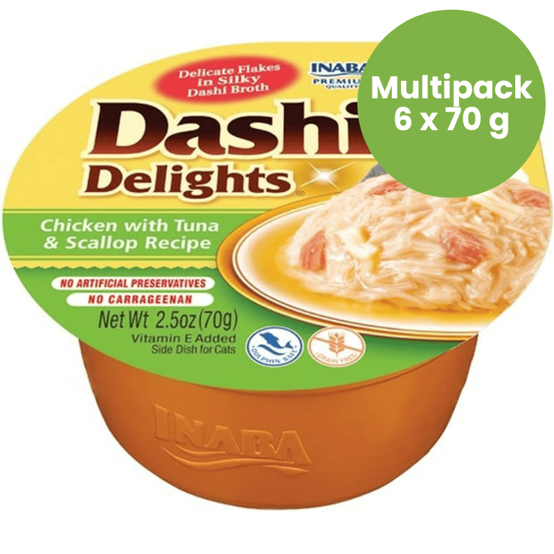 CIAO Dashi Delights Pui, Ton si Scoici Multipack 6x70 g | Hrana Umeda Complementara pentru Pisici | Bucatele de Carne in Supa Dashi, Delicioasa si Sanatoasa, Fara Cereale
