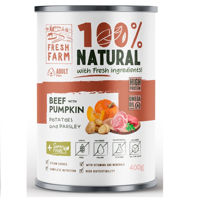 FRESH FARM Coarse Pate cu Vita, Dovlecei si Cartofi, 400 g - Hrana Umeda Fara Cereale pentru Caini, Reteta Gatita la Aburi cu Textura de Pate Grosier