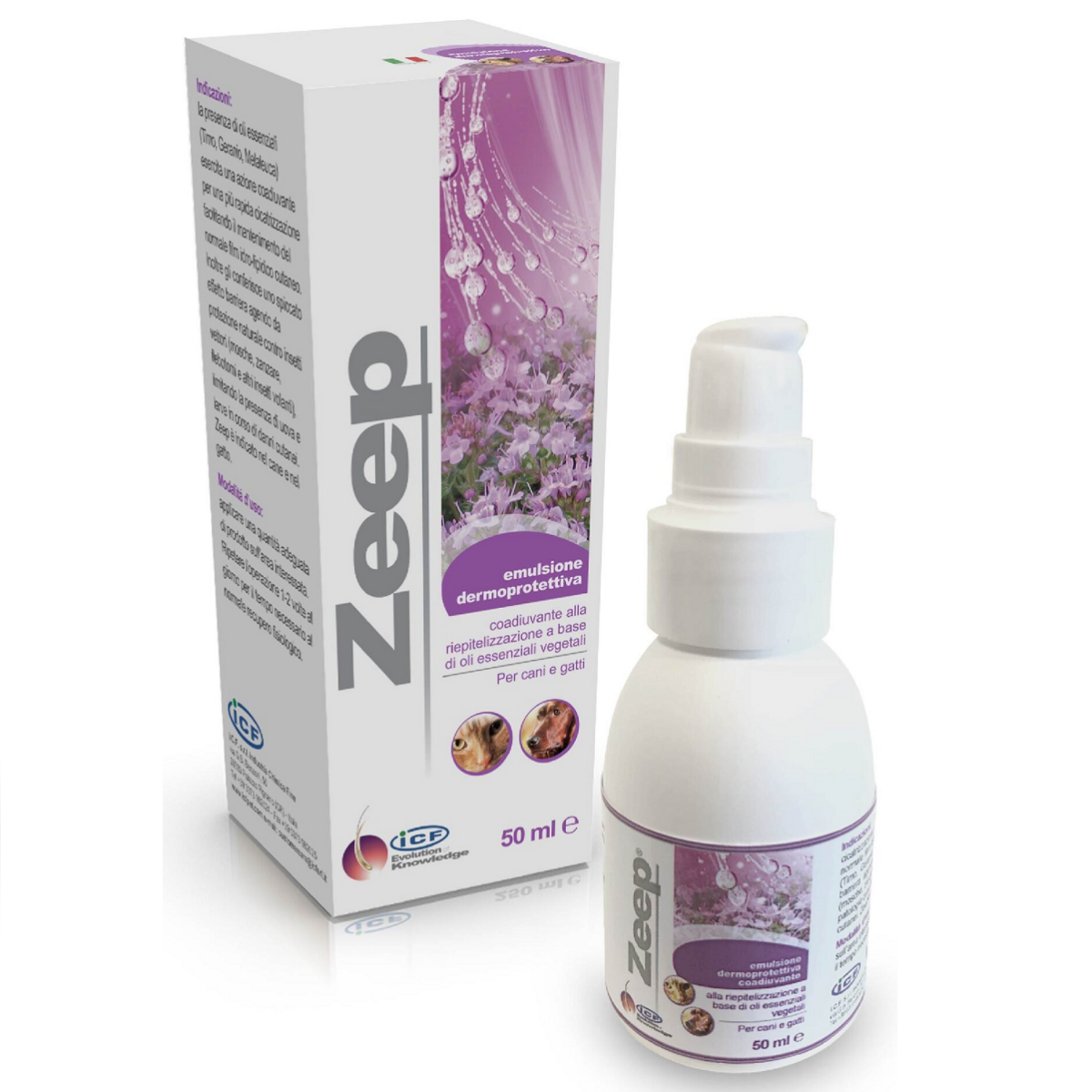 ICF ZEEP, Emulsie Cicatrizanta, cu Uleiuri Esentiale, Pentru Caini si Pisici, Flacon cu Pipeta, 50ml