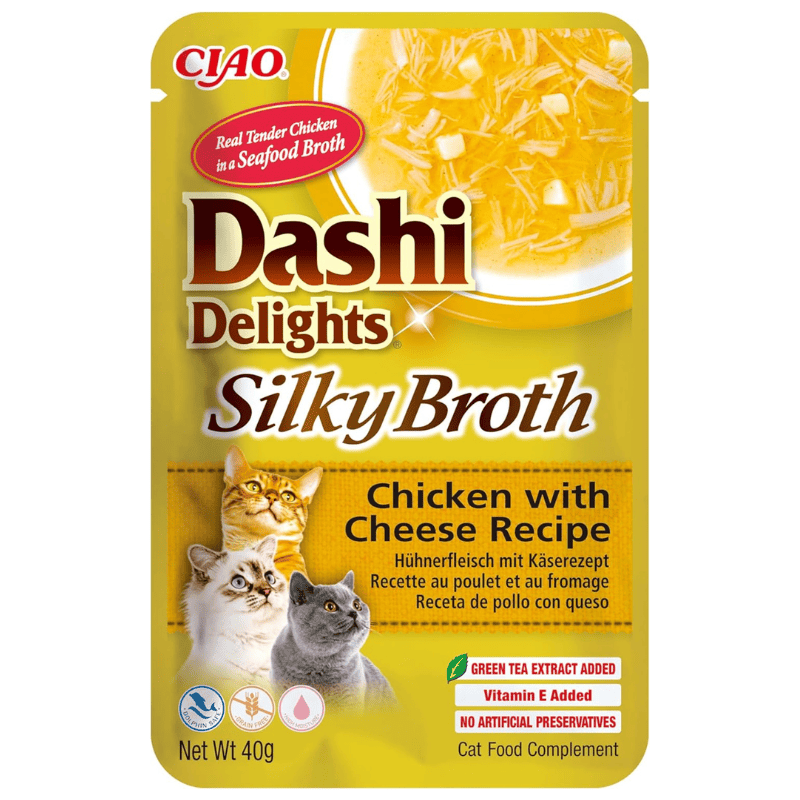 CIAO Dashi Delights Silky Broth Pui cu Branza 40 g | Hrana Umeda Complementara pentru Pisici | Supa Fina Fara Cereale, Nutritiva, Sanatoasa si Delicioasa