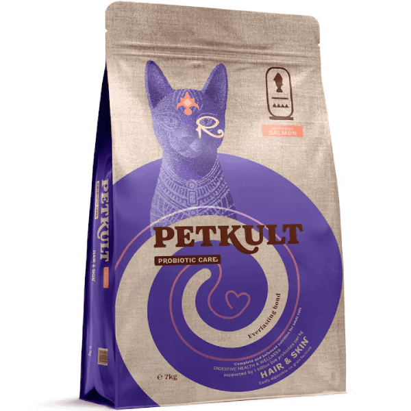 PETKULT Probiotic Cat Care Hair & Skin Fresh cu Somon 7 kg | Hrana Uscata Fara Cereale pentru Pisici Adulte cu Piele Sensibila si Blana Lunga