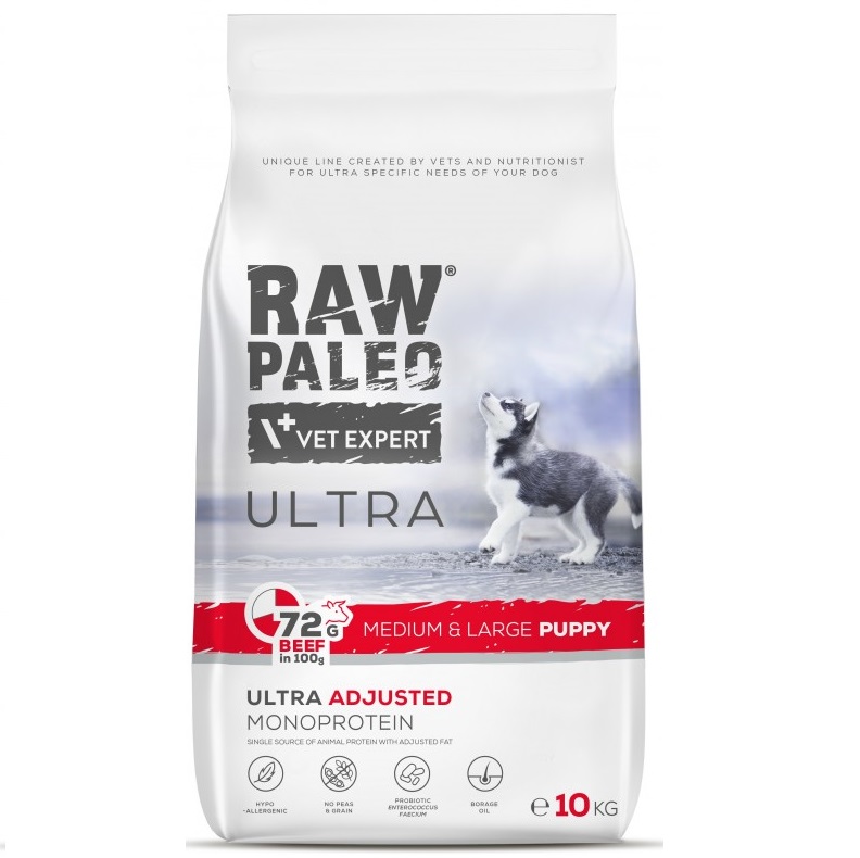 RAW PALEO ULTRA Puppy Medium / Large, cu Vita, Hrana Uscata Monoproteica, Fara Cereale, Pentru Catei Juniori Talie Medie / Mare 10kg