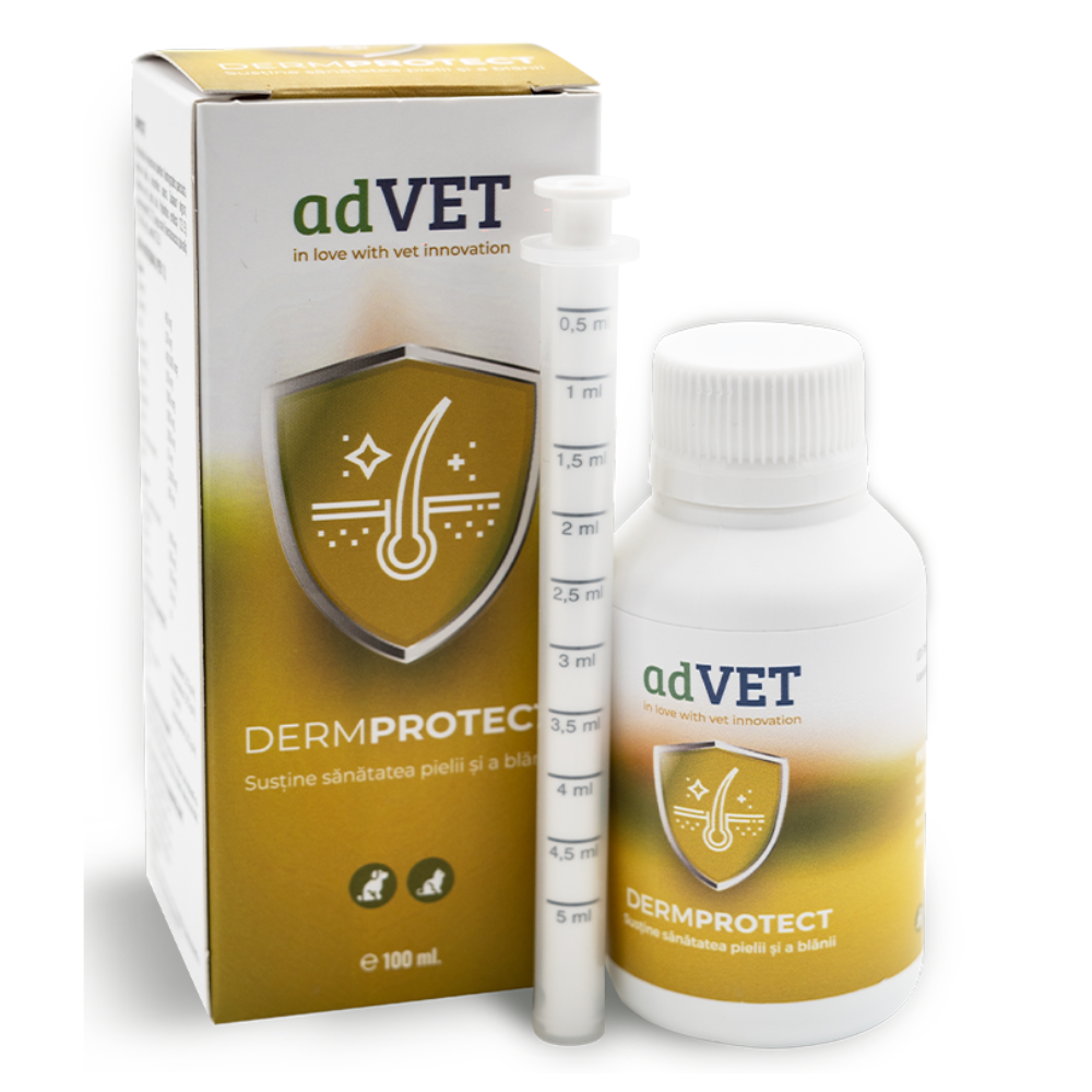AdVET DermProtect Solutie Orala 100 ml – Supliment pentru Piele Sanatoasa si Blana Stralucitoare la Caini si Pisici