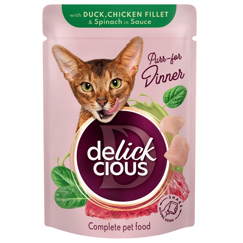 DELICKCIOUS Cat Felii de Rată, Pui si Spanac în Sos 85 g | Hrană Umedă Completa pentru Pisici Adulte