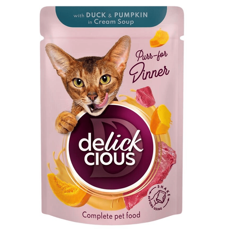 DELICKCIOUS Cat Fâșii de Rață și Dovleac în Supă Cremoasă 85 g | Hrană Umedă Completă pentru Pisici Adulte