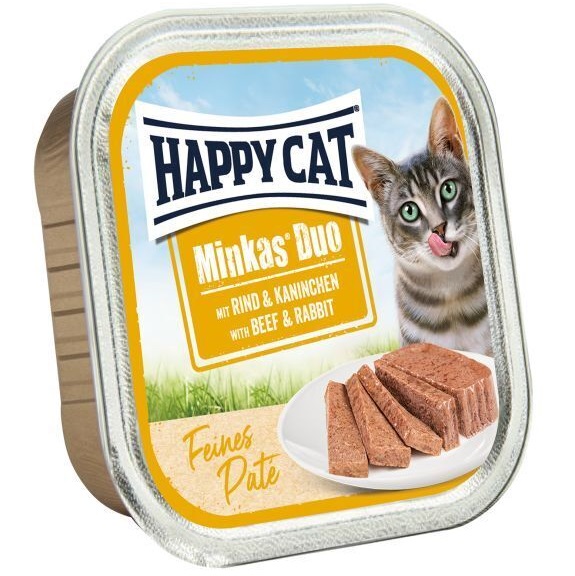 HAPPY CAT Minkas Duo, cu Vita si Iepure – Hrană Umedă Premium fără Cereale pentru Pisici Adulte (Pate fin) – 100 g