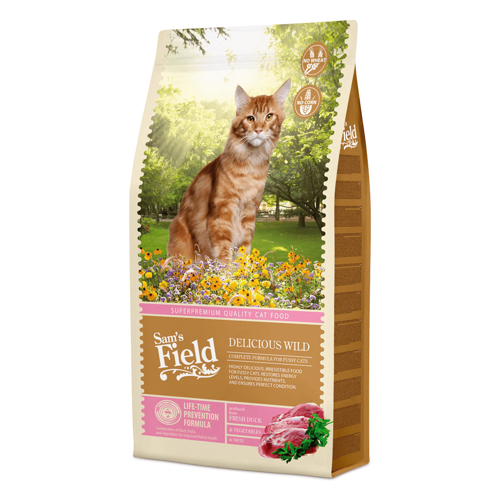 SAM'S FIELD Cat Delicious Wild 7,5 kg | Hrana Uscata Superpremium pentru Pisici Adulte | Energie, Vitalitate si Gust Desavarsit | Cu Rata si Pui Proaspat