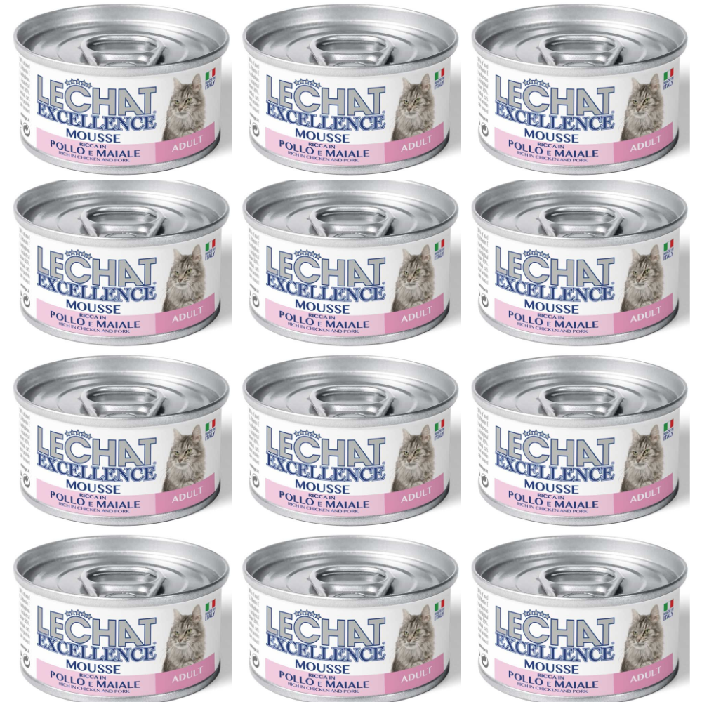 LeChat Excellence Mousse Adult, cu Pui și Porc - Set Conserve Hrana Umeda pentru Pisici Adulte, (mousse delicat), 12x85 g
