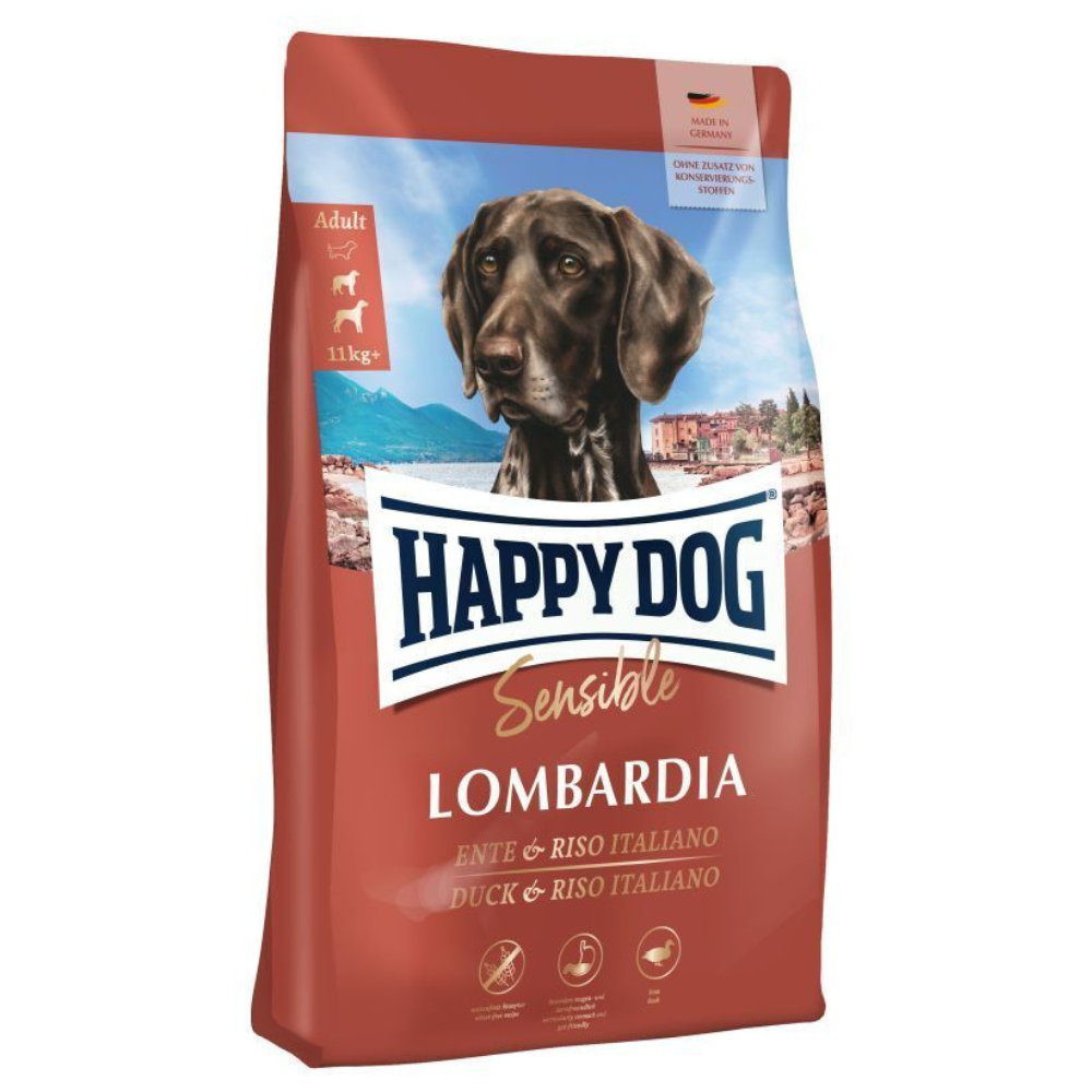 HAPPY DOG Sensible Lombardia, cu Rata si Orez – Hrană Uscată Fără Gluten pentru Câini Adulți, 11kg