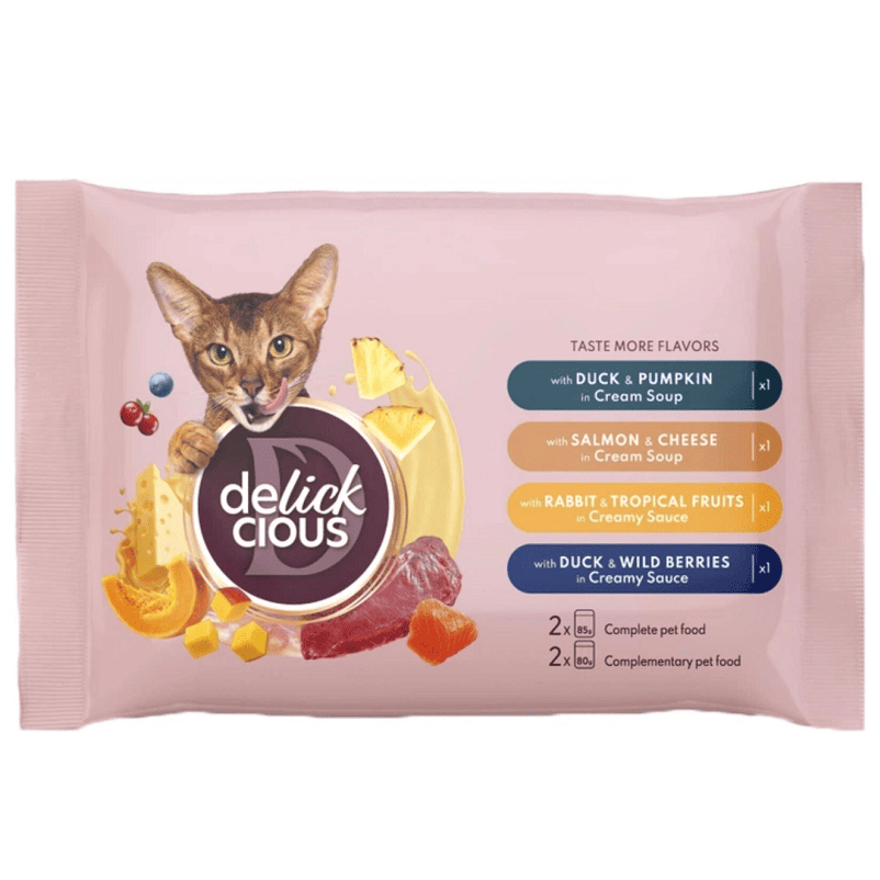 DELICKCIOUS Cat Set Plicuri cu Rata, Somon si Iepure 4x85 g | Hrană Umedă pentru Pisici Adulte | Mix Dinner și Desert Gourmet