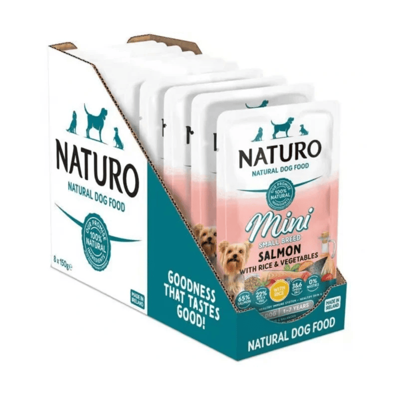 NATURO Adult Mini Dog cu Somon, Orez si Legume Multipack 8x150 g | Hrana Umeda Completa 100% Naturala pentru Caini Adulti de Talie Mica
