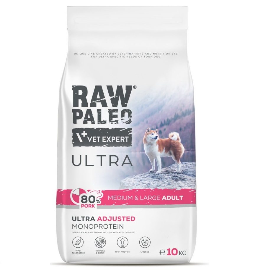 RAW PALEO Medium / Large Adult, cu Porc, Hrana Uscata Monoproteica Fara Cereale, Pentru Caini Talie Medie / Mare,10kg