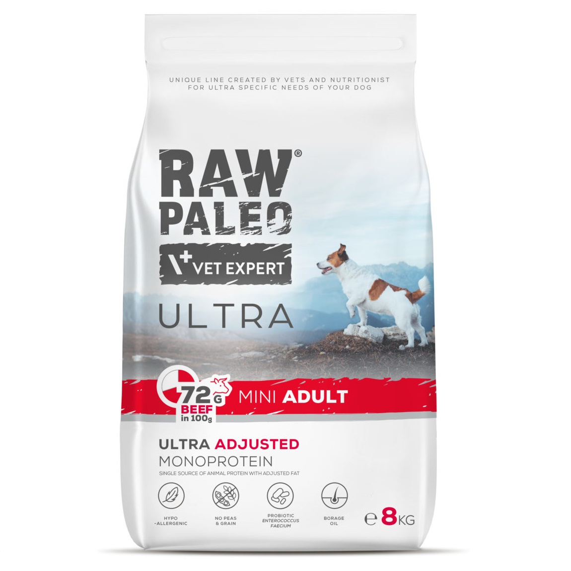 RAW PALEO ULTRA Adult Mini, cu Vita, Hrana Uscata Monoproteica Fara Cereale, Pentru Caini Talie Mica, 8kg