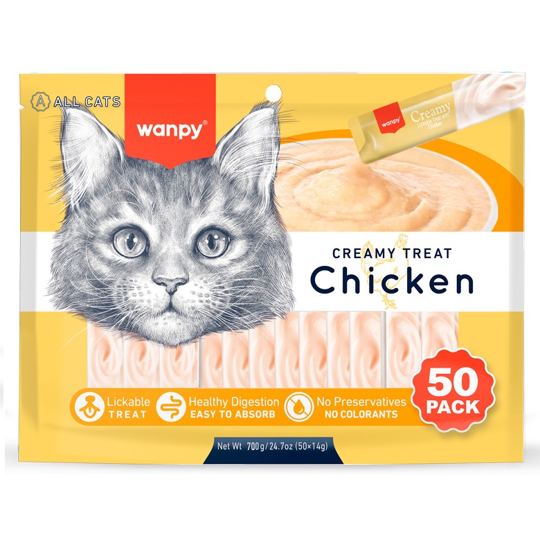 WANPY Creamy Lickable Cat Treats cu Pui, plicuri 50x14 g – Recompensa Cremoasa Superpremium pentru Pisici, Fara Coloranti sau Conservanti