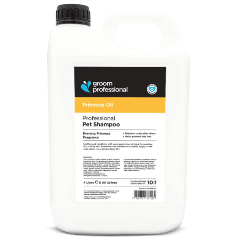 GROOM PROFESSIONAL Primrose Oil Shampoo 4 L | Sampon Profesional Concentrat (dilutie 10:1) cu Ulei de Luminita-Noptii pentru Caini | Hidratare Profunda, Calmarea Iritatiilor si Stralucire Naturala a Blanii
