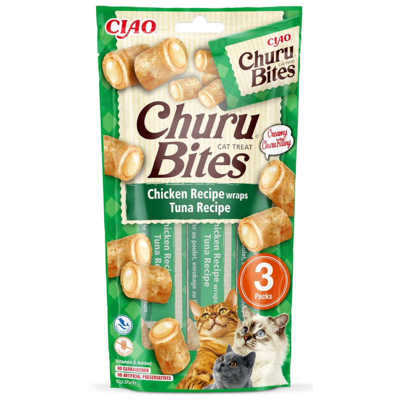 INABA Churu Bites Tuna Recipe 3x10 g | Recompense fara Cereale pentru Pisici | Pui si Ton | Textura Moale si Interior Cremos