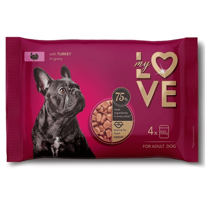 MY LOVE Hrană Umedă Completă pentru Câini cu Curcan 4 x 100 g | Bucătele Fragede în Sos pentru Câini Adulti