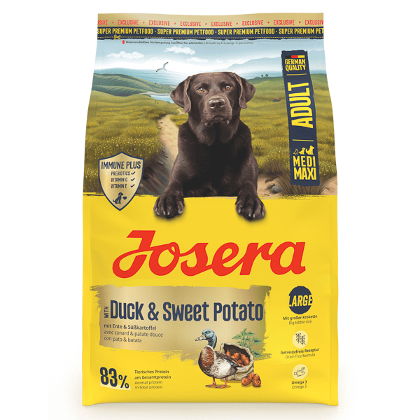 JOSERA Medi/Maxi Duck & Sweet Potato 3 kg | Hrana Uscata Premium Fara Cereale pentru Caini de Talie Medie si Mare | Cu Rata si Cartof Dulce | Crochete Mari, Toleranta Ridicata si Blana Stralucitoare