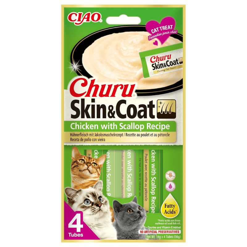 INABA Ciao Churu Skin & Coat Chicken & Scallop 4x14 g | Recompensa Functionala Cremoasa pentru Pisici | cu Pui si Scoici | Formula pentru Piele Sanatoasa si Blana Stralucitoare