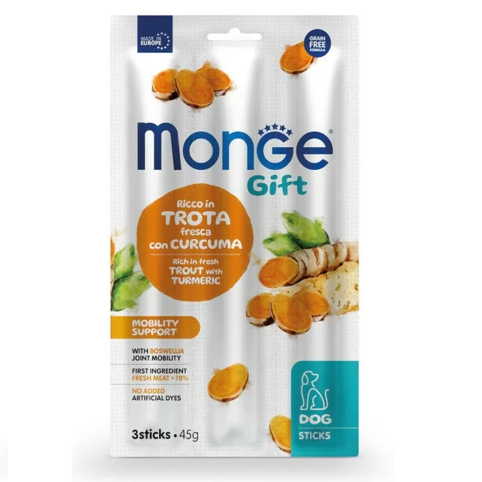 MONGE Gift Mobility Support, cu Pastrav si Turmeric, Recompense Caini Pentru Articulatii Sanatoase, Folie x3stick, 45g, 