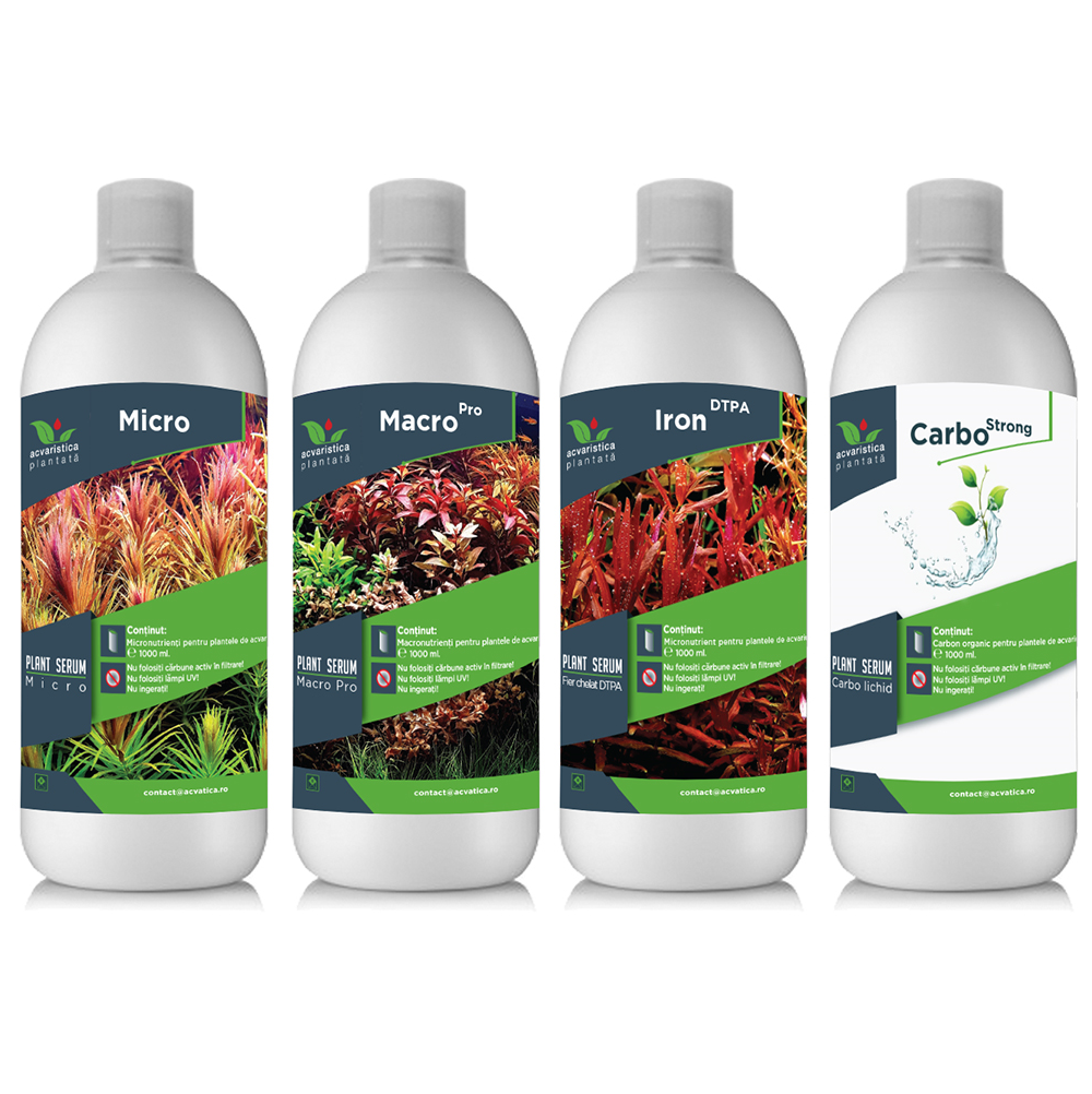 Micro-Macro Pro Fier-Carbo PLANT SERUM, Pachet Complet Fertilizanti Pentru Plante de Acvariu, 4x1000ml