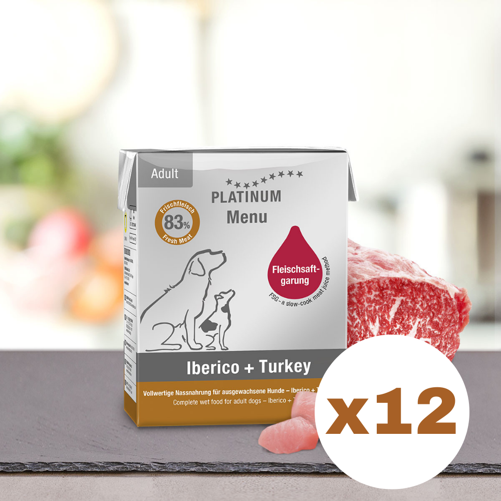 PLATINUM Menu Adult, Porc Iberic si Curcan, Bax Hrana Umeda Pentru Caini, 12x375g
