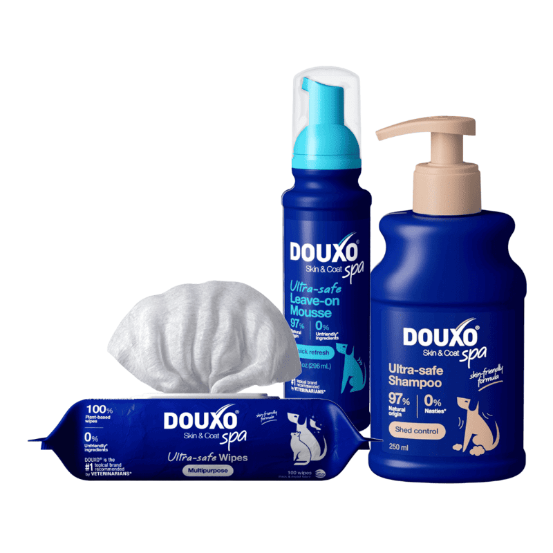 DOUXO SPA Rutina pentru Caini cu Blana Dubla | Controlul Caderii Parului si Ingrijire Delicata a Blanii Dense | Sampon Shed Control + Spuma Refresh + Servetele