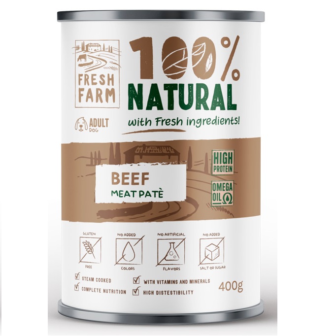 FRESH FARM Smooth Pate cu Vita si Pui, 400 g - Hrana Umeda Fara Gluten pentru Caini, Reteta Gatita la Aburi cu Textura de Pate Fin