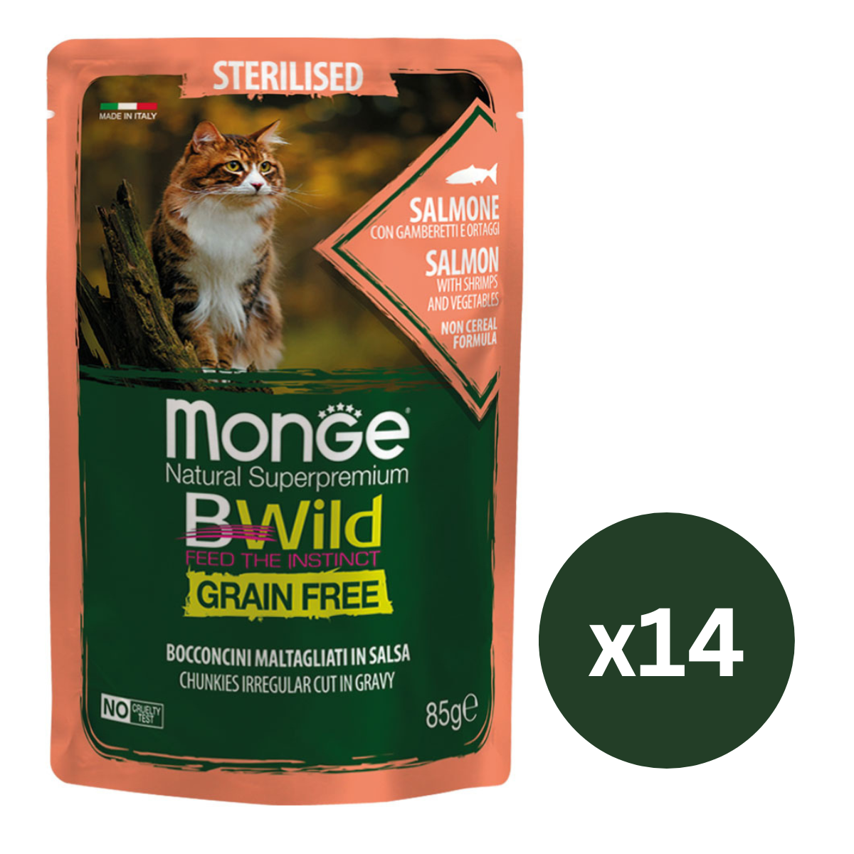 MONGE Natural BWild Sterilized Cat, cu Somon, Set Plicuri Hrana Umeda, Fara Cereale, Pentru Pisici Sterilizate (bucati carne in sos), 28x85g