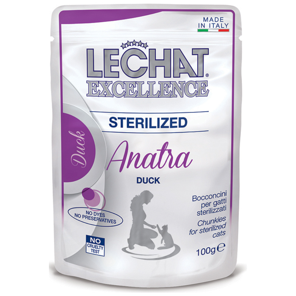 LeChat Excellence Sterelised, cu Rata – Plic Hrană Umedă pentru Pisici Adulte Sterilizate, (bucățele în sos), 100 g