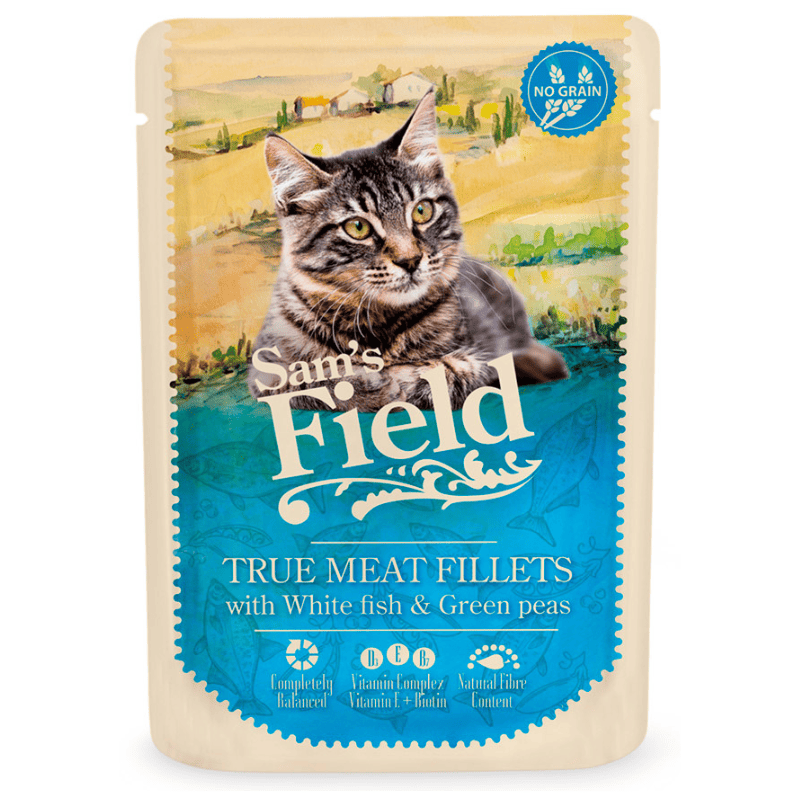 SAM'S FIELD Cat Pouch White Fish & Peas 85 g | Hrana Umeda Superpremium pentru Pisici Adulte | Fileuri de Peste Alb si Mazare | Reteta Naturala Bogata in Proteine