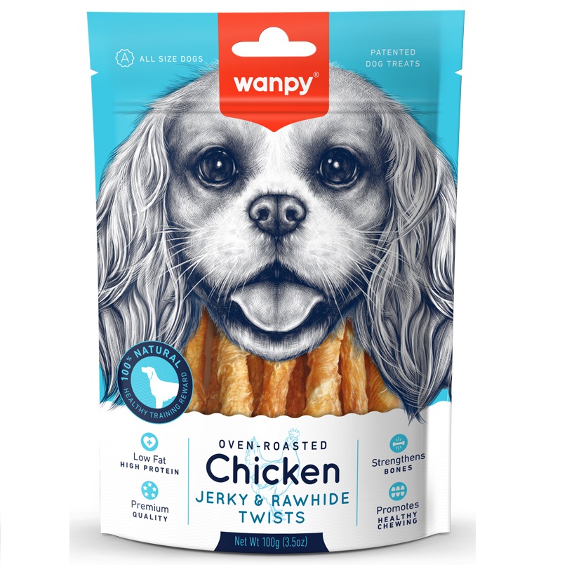 WANPY Chicken Jerky & Rawhide Twists pentru Caini, 100 g - Recompense Naturale de Ros , Sticks-uri din Piele Presata cu Pui, pentru Igiena Orala si Relaxare