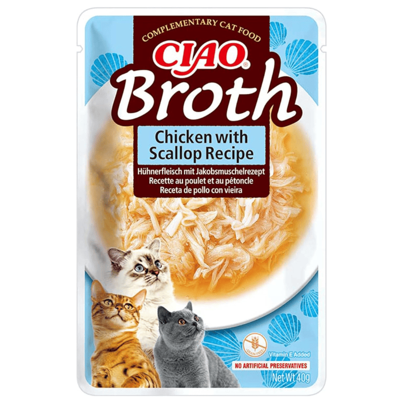 CIAO CHURU Broth Cat Food Supa Delicata de Pui cu Fulgi de Scoici 40 g | Hrana Complementara Umeda pentru Pisici | Umiditate Ridicata, Fara Cereale, Topping Palatabil