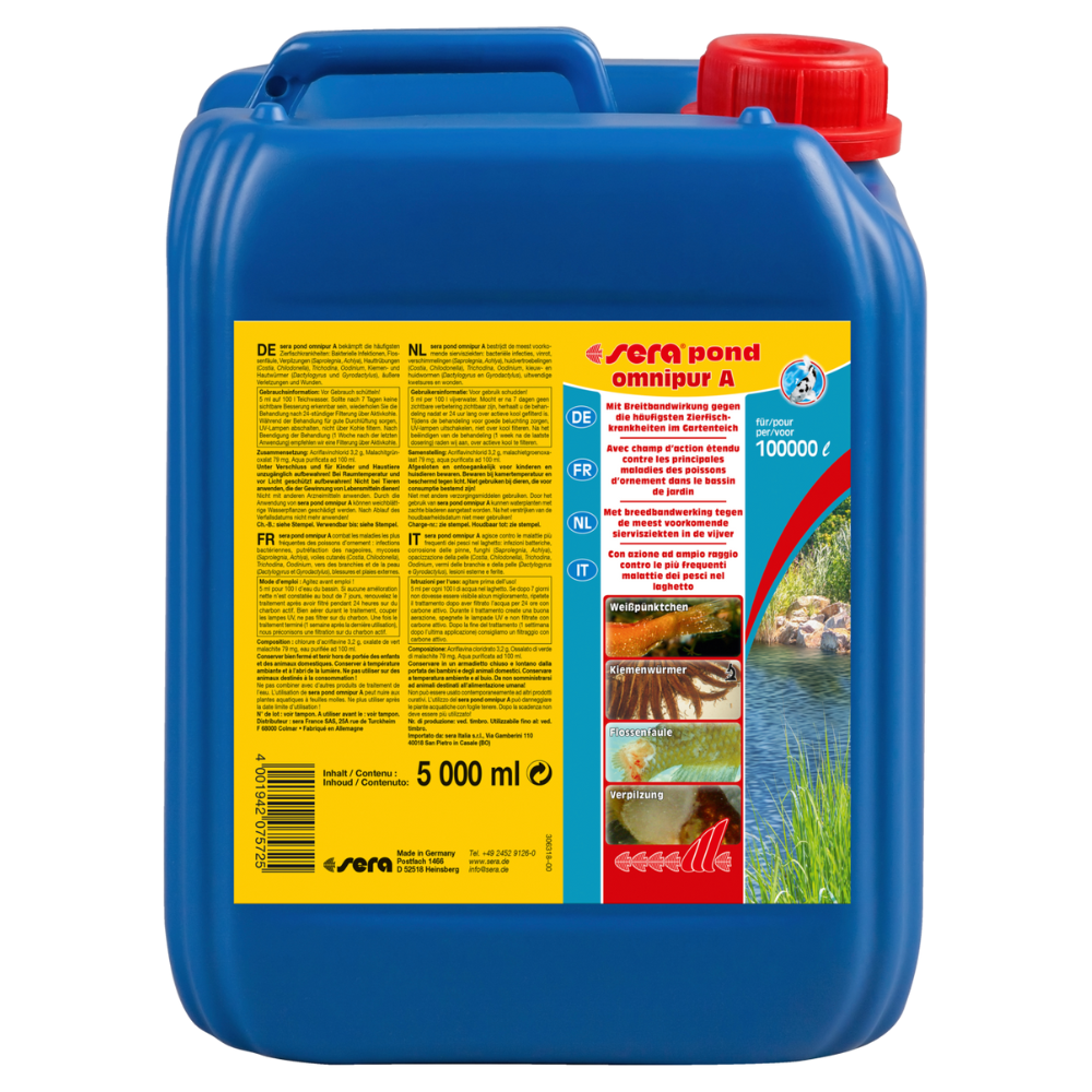 SERA Pond Omnipur A,  Tratament Complet pentru Cele Mai Frecvente Boli ale Peștilor de Iaz, 5L