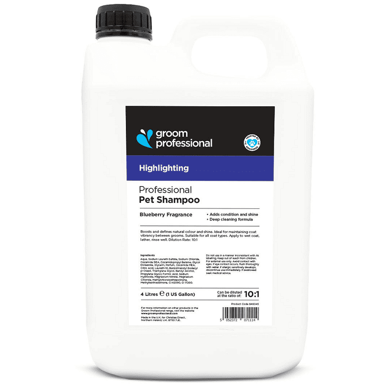 GROOM PROFESSIONAL Blueberry Highlighting Shampoo 4 L | Șampon Profesional Concentrat (dilutie 10:1) pentru Câini, cu Extract de Afine | Luciu Natural, Hidratare și Intensificarea Culorii Blănii