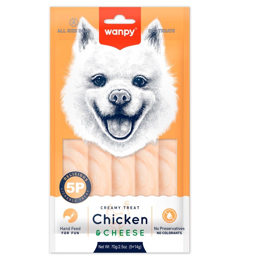 WANPY Creamy Lickable Dog Treats cu Pui si Branza, plicuri 5x14 g – Recompensa Cremoasa Superpremium pentru Caini, Sanatoasa si Usor Digerabila