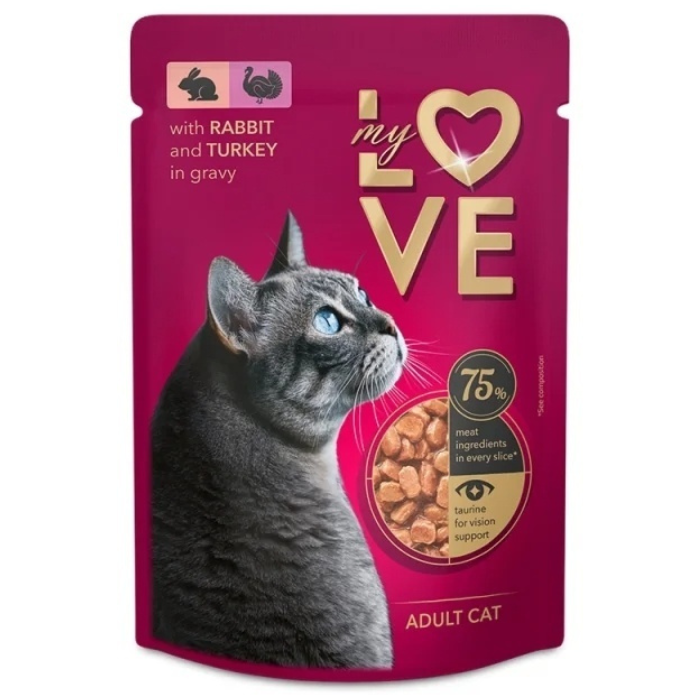 MY LOVE CAT Hrană Umedă pentru Pisici Adulte cu Iepure și Curcan, 85 g | Bucățele în Sos