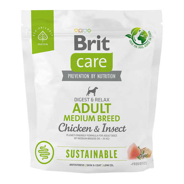 BRIT CARE Sustainable Adult Medium Breed, cu Pui și Insecte, Hrană Uscata Sustenabila pentru Câini Adulți de Talie Medie, Fara Gluten, 1kg